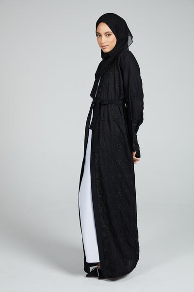 Premium Classic Black Open Abaya with Embellished Embroidery – AbayaButh