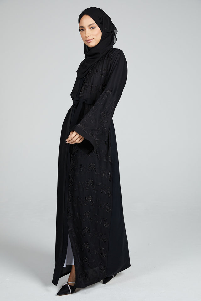 Premium Classic Black Open Abaya with Embellished Embroidery