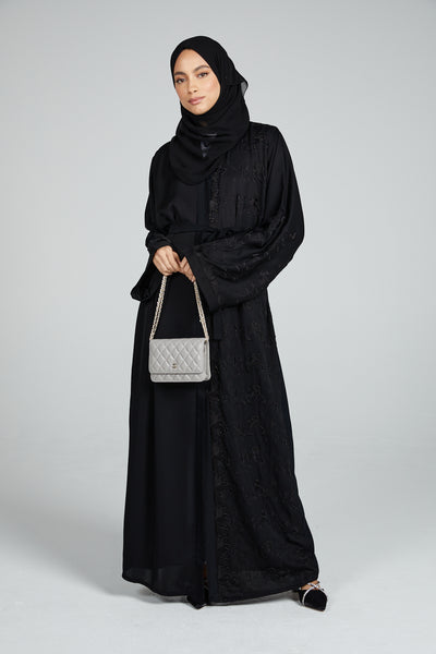 Premium Classic Black Open Abaya with Embellished Embroidery – AbayaButh