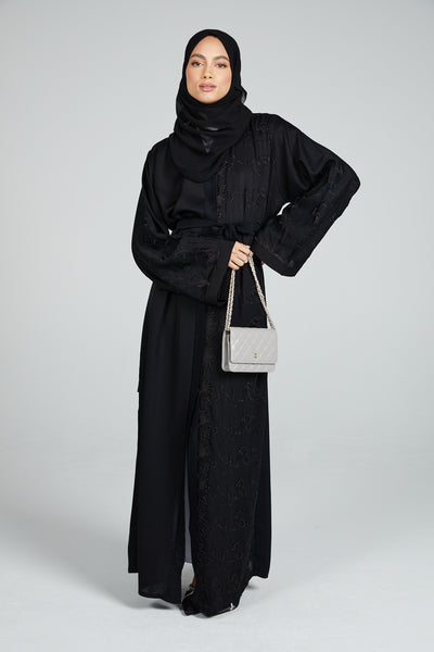 Premium Classic Black Open Abaya with Embellished Embroidery – AbayaButh