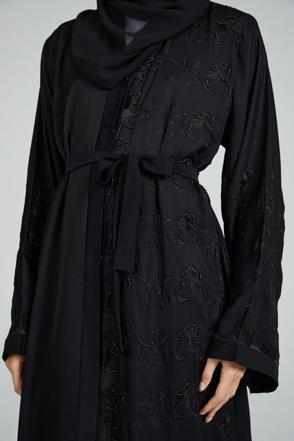 Premium Classic Black Open Abaya with Embellished Embroidery