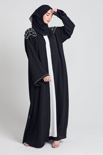 Luxury Crystal Embellished Open Abaya - Black Noir with Hijab – AbayaButh