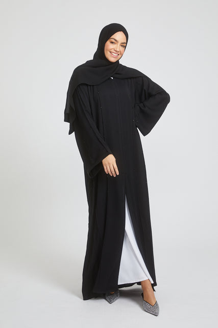 Plain Black Dainty Embellished Open Abaya