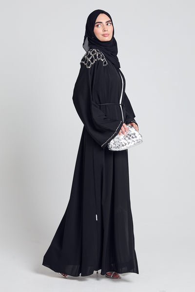 Luxury Crystal Embellished Open Abaya - Black Noir with Hijab – AbayaButh