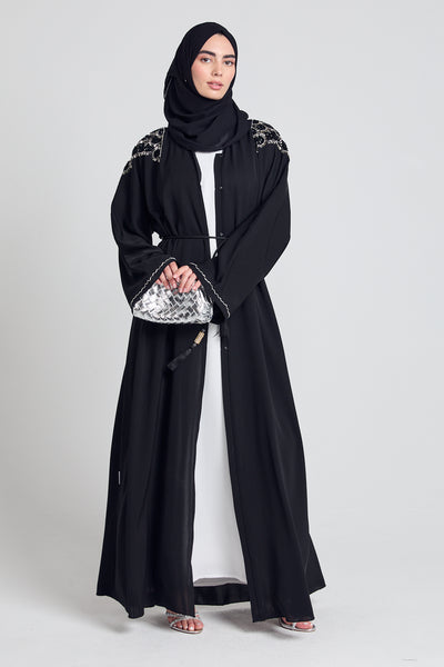 Luxury Crystal Embellished Open Abaya - Black Noir with Hijab – AbayaButh