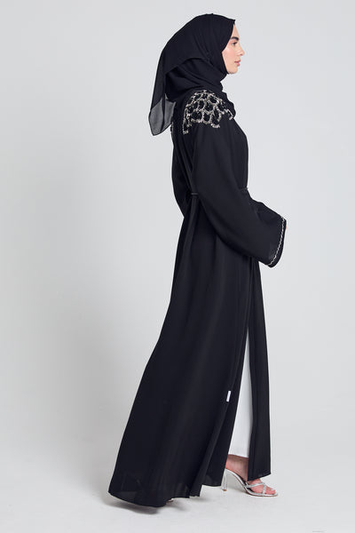 Luxury Crystal Embellished Open Abaya - Black Noir with Hijab – AbayaButh