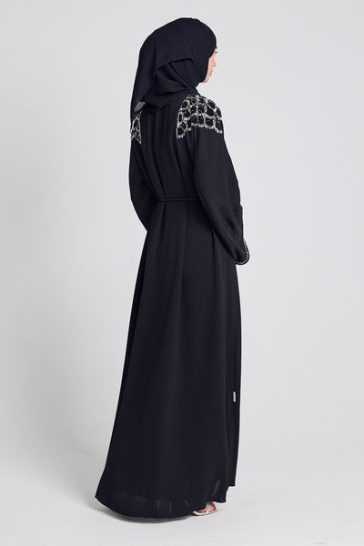 Luxury Crystal Embellished Open Abaya - Black Noir with Hijab – AbayaButh