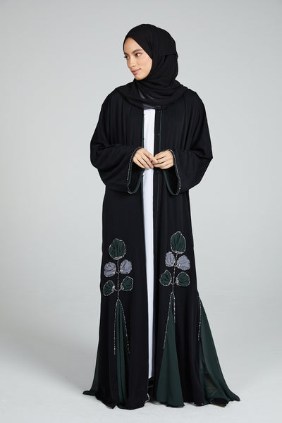 Premium Floral Detailed Black Open Abaya with Chiffon Panels - Forest ...