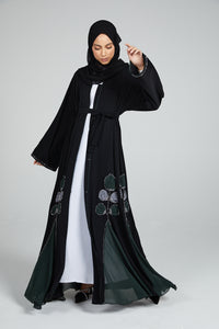 Premium Floral Detailed Black Open Abaya with Chiffon Panels - Forest Green