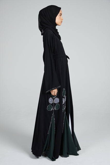 Premium Floral Detailed Black Open Abaya with Chiffon Panels - Forest Green