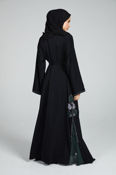 Premium Floral Detailed Black Open Abaya with Chiffon Panels - Forest ...