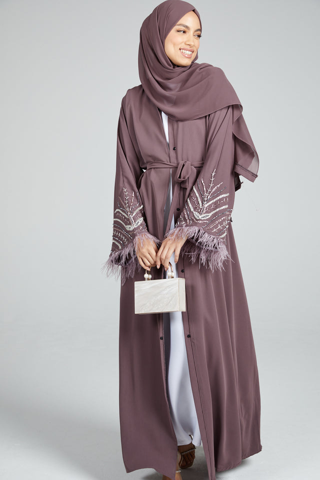 Embellished Sleeve Open Abaya with Feathers - Twilight Mauve