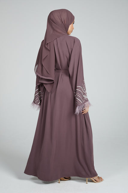 Embellished Sleeve Open Abaya with Feathers - Twilight Mauve