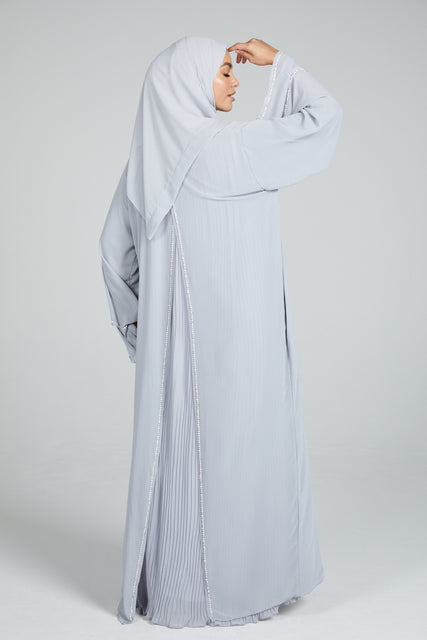 Premium Embellished Chiffon Open Abaya with Pleated Back Detailing - Silver/Grey