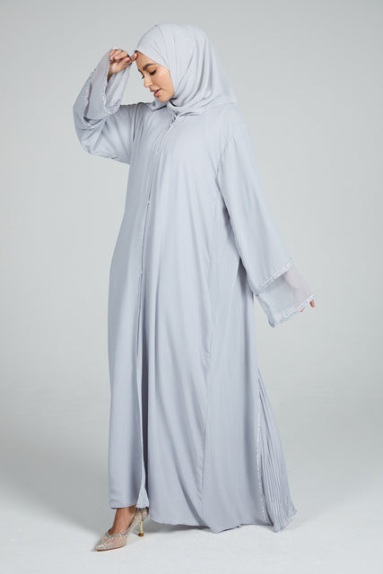 Premium Embellished Chiffon Open Abaya with Pleated Back Detailing - Silver/Grey