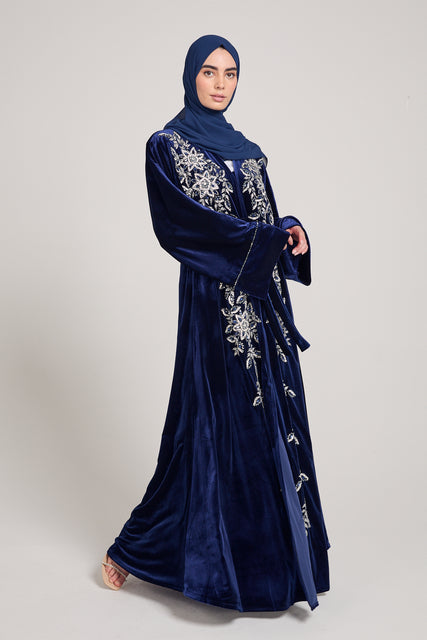 Luxury Velvet Embellished Umbrella Cut Open Abaya - Sapphire Blue