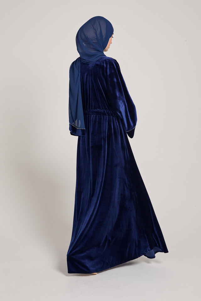 Luxury Velvet Embellished Umbrella Cut Open Abaya - Sapphire Blue