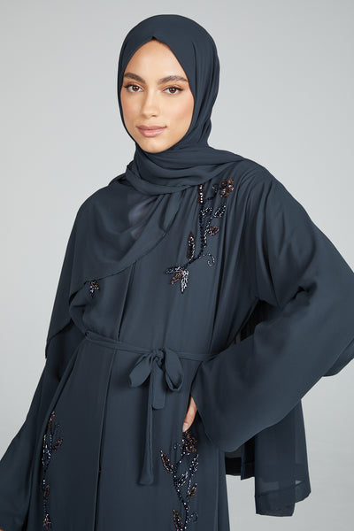 Dark Shadow Blossom Embellished Chiffon Open Abaya – AbayaButh