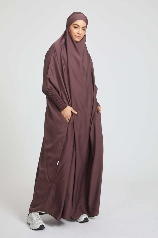 One Piece Full Length Jilbab/ Prayer Abaya - Zipped Cuffs And Pockets - Wild Mulberry
