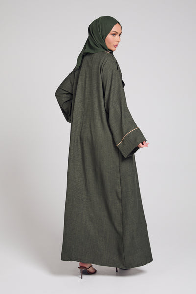 Four Piece Olive Green Embellished Open Abaya Set – AbayaButh