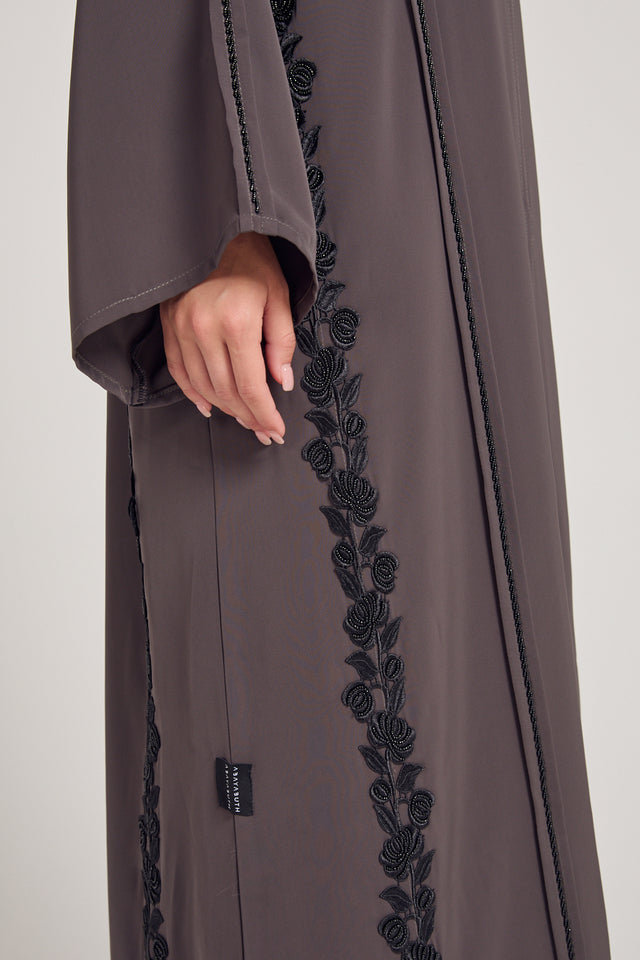 Premium Rose Lace Dainty Embellished Open Abaya - Summer Shadow