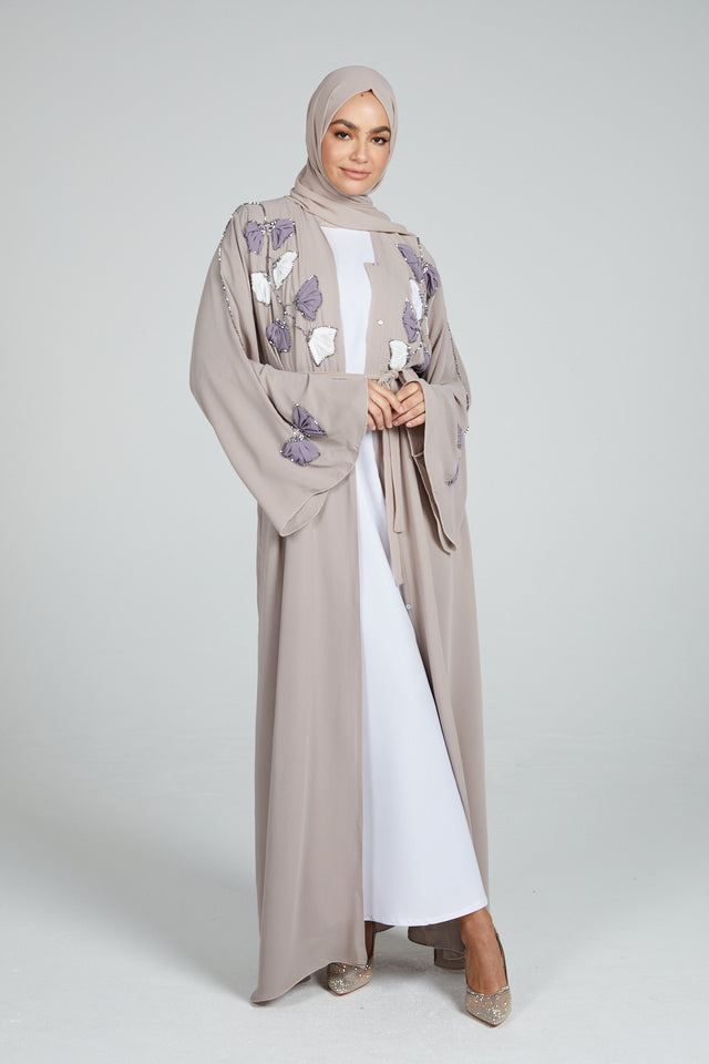 Almond Frost Open Abaya with Biloba Floral Embellished Motifs