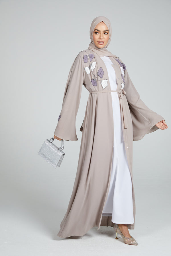 Almond Frost Open Abaya with Biloba Floral Embellished Motifs