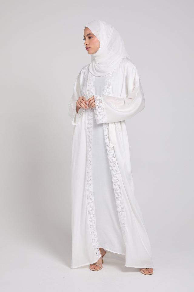 Four Piece Open Abaya Set With Lace Detailing - White