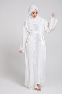 Four Piece Open Abaya Set With Lace Detailing - White