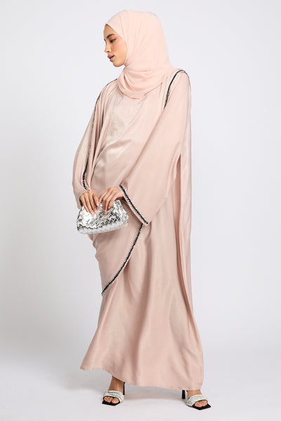 Flowery Patterned Abaya in Misty Sand (No Inner Dress)