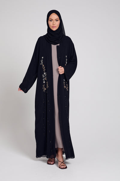 Premium Black Floral Petal Embellished Chiffon Open Abaya – AbayaButh