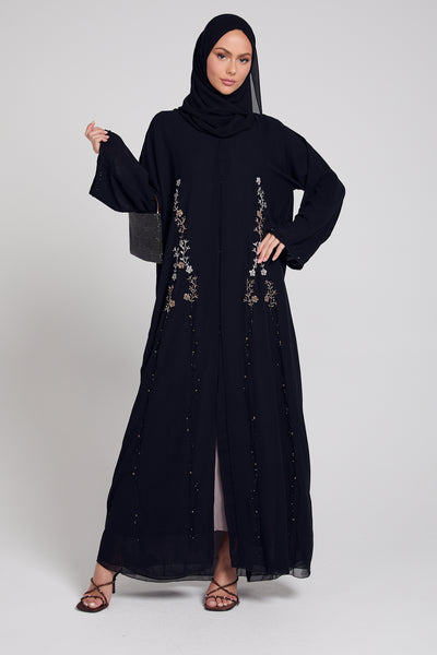 Premium Black Floral Petal Embellished Chiffon Open Abaya – AbayaButh