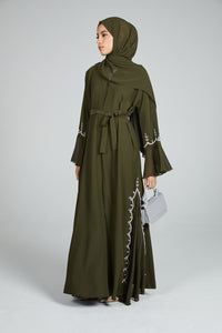 Classic Open Abaya with Pearls and Embellishments - Khaki