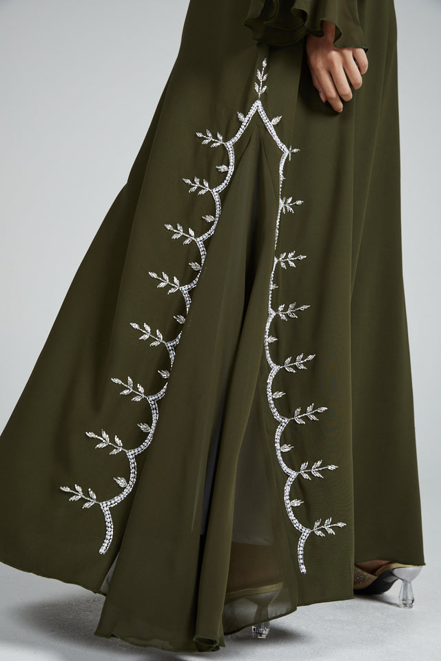Classic Open Abaya with Pearls and Embellishments - Khaki