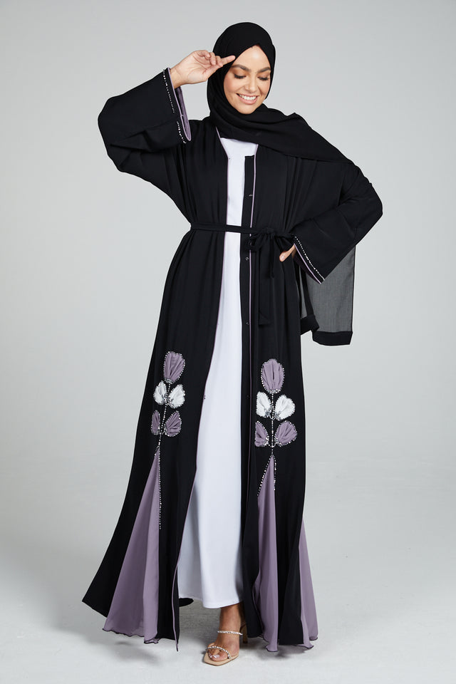 Premium Floral Detailed Black Open Abaya with Chiffon Panels - Lilac