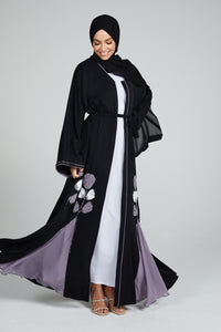 Premium Floral Detailed Black Open Abaya with Chiffon Panels - Lilac