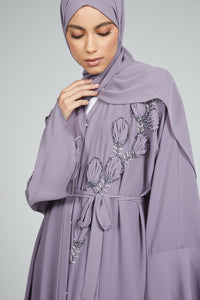 Dusty Lilac Biloba Embellished Motif Open Abaya
