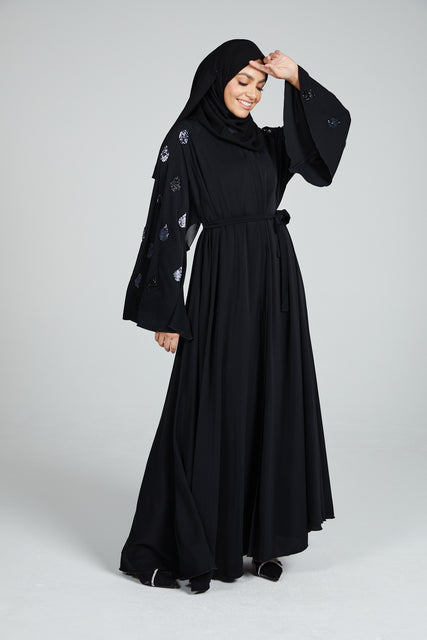 Black Umbrella Cut Open Abaya with Embellished Flared Sleeves