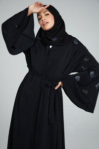 Black Umbrella Cut Open Abaya with Embellished Flared Sleeves