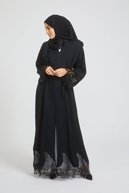 Classic Open Abaya with Embellished Floral Lace on Hem and Cuff
