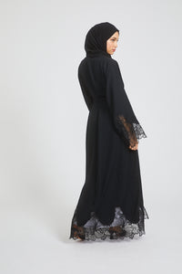 Classic Open Abaya with Embellished Floral Lace on Hem and Cuff