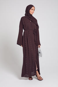 Linen Blend Open Abaya With Pockets - Smokey Grey