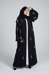 Fern Embellished Black Open Abaya with Flared Sleeves