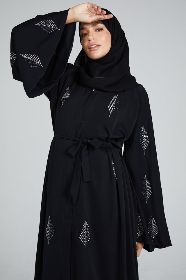 Fern Embellished Black Open Abaya with Flared Sleeves