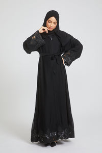 Black Open Abaya with Damask Lace and Gemstone Piping
