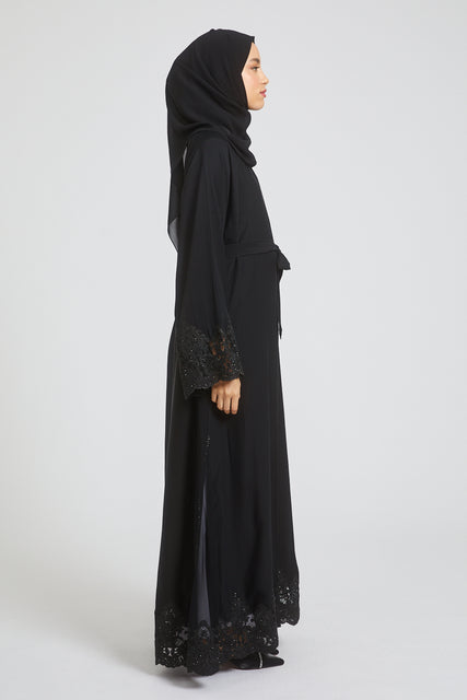 Black Open Abaya with Damask Lace and Gemstone Piping