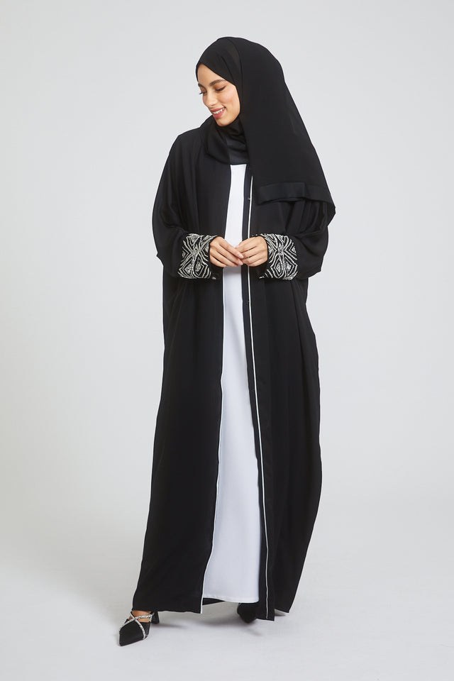 Classic Black Open Abaya with Diamante Embellished Cuff