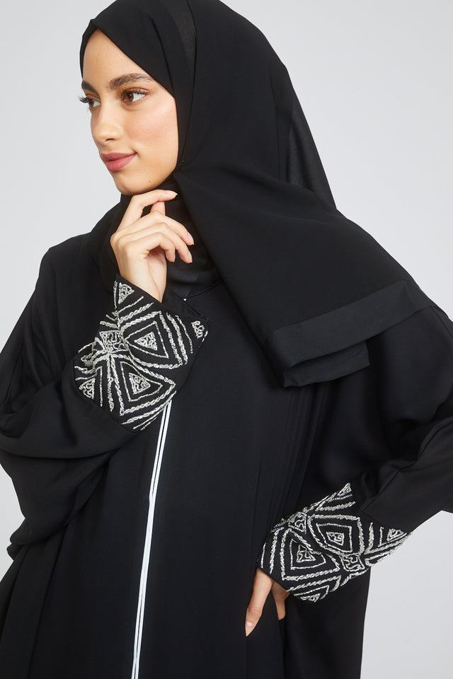 Classic Black Open Abaya with Diamante Embellished Cuff