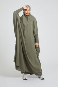 One Piece Full Length Jilbab/ Prayer Abaya - Zipped Cuffs And Pockets - Olive