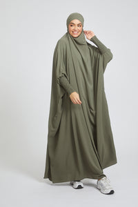 One Piece Full Length Jilbab/ Prayer Abaya - Zipped Cuffs And Pockets - Olive